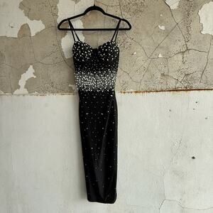 Satin Midi Dress Embellished Pearl Rhinestone Bodycon Cocktail Party Glam M NWT